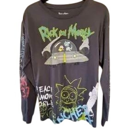 Rick and Morty Other - Rick and Morty Long Sleeve Graphic Tee Charcoal Gray Graffiti Print Mens Small
